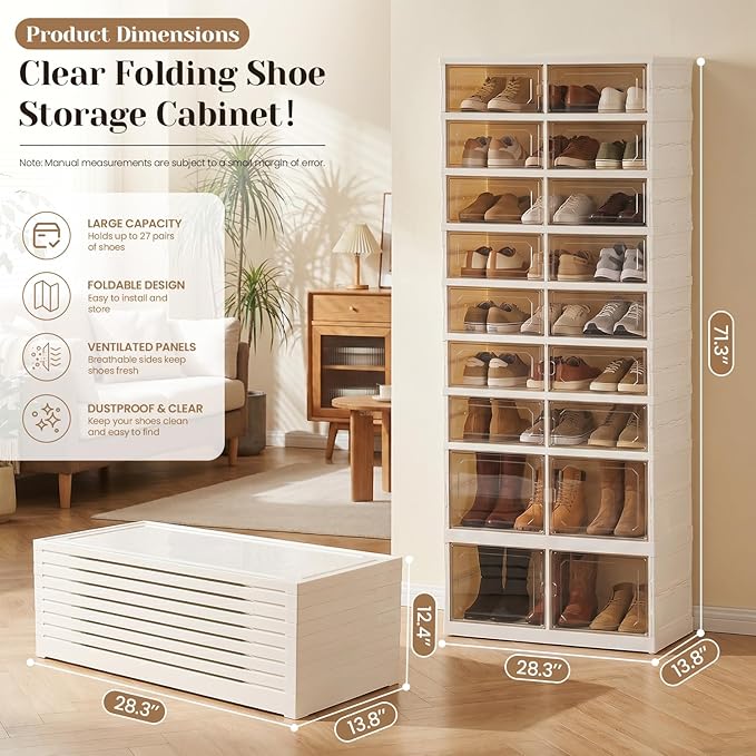 Foldable Shoe Rack with Doors, Stackable Plastic Shoe Organizer, Large Clear Shoe Storage Boxes for Closet and Entryway, Portable Collapsible Shoe Cabinet 9 Tiers, 27Pairs