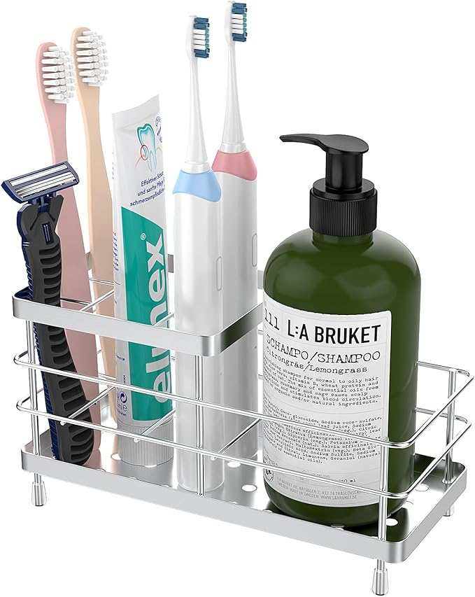 Luxspire Toothbrush Holders, 6 Slots Stainless Steel Tooth Brush Holder with Drainage, Toothbrush Holder for Bathroom Countertop & Kitchen Sink, Bathroom Accessories, Silver