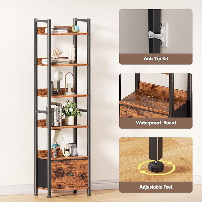 Book Shelf Set of 2, 6 Tier Tall Shelf with Drawer, Rustic Brown