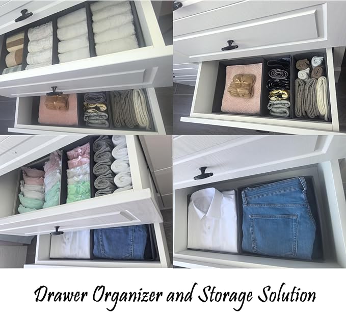 Bructhun Foldable Fabric Drawer Organizer Set 4 Pack Dresser Dividers - Sock Underwear Storage Bins Gray