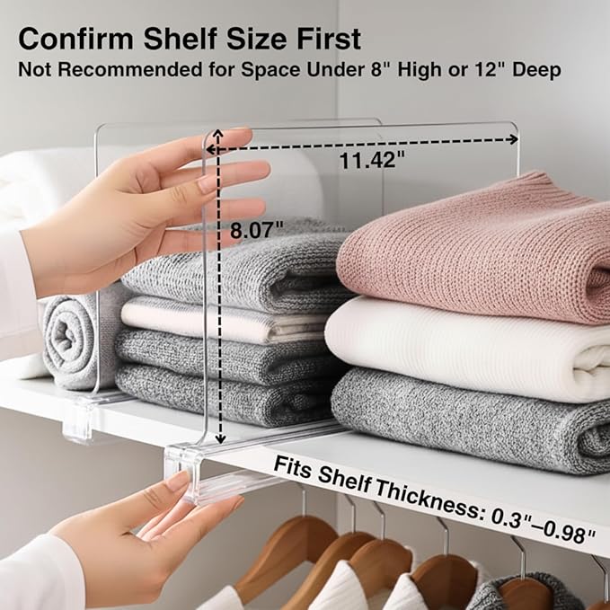SortNStore Shelf Dividers Purse Organizer for Closet: 8-Pack Acrylic Bag Storage Organizer for Handbags, Clutches, Clothes, Sweater, Towel on Wood Shelves