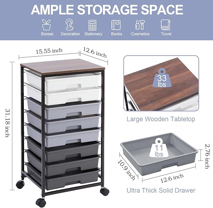 Rolling Cart with Drawers, Dark Grey