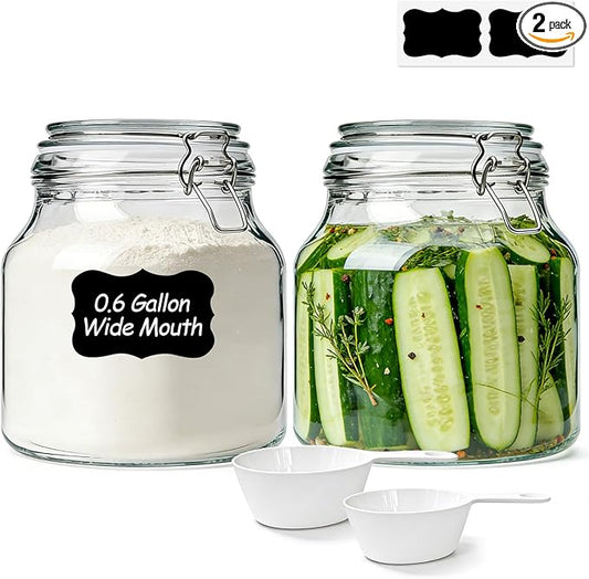 0.6 Gallon 2 Pack Wide Mouth Glass Jars with Airtight Lid – Includes 1 Cup & 0.5 Cup Measuring Scoops & Labels, Ideal for Flour, Sugar, Coffee, Cereal, Rice & Dry Goods | Thick Glass, BPA-Free
