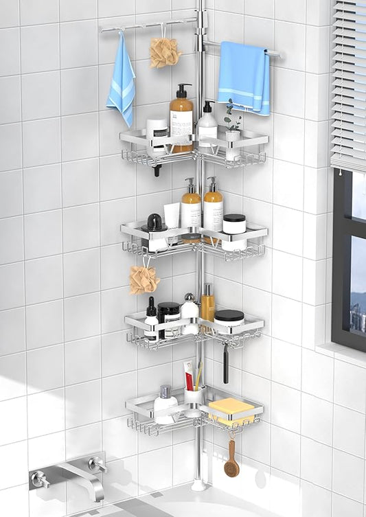Shower Caddy Tension Pole with 2 Towel Bars, Silver