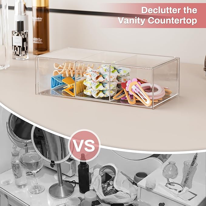 Hair Accessories Organizer for Girls, Clear Hair Bow Tie Clip Scrunchie Holder Organizer with Removable Divider, Cute Small Stackable Storage Drawer Container Caddy Box, Kids Women Vanity Accessories