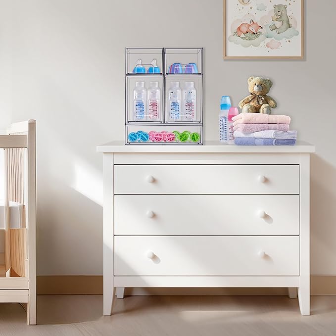 Sorbus Stackable Acrylic Storage Drawers – 2 Small + 2 Tall + 1 Wide – 5 Pack Clear Plastic Organizer Bins for Baby Bottles, Makeup, Bathroom & Vanity, Pull-Out Drawer Design for Kitchen Cabinets