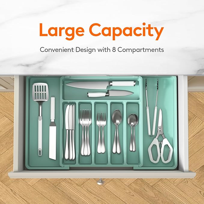 Silverware Drawer Organizer, Expandable Utensil Tray for Kitchen, Turquoise