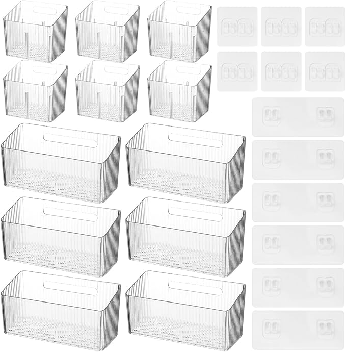12 Pcs Storage Organizer Bins, Wall-Mounted Storage Baskets with Self-Adhesive Hooks, Clear Plastic Hanging Baskets, Stackable Storage Holders for Bathroom, Kitchen, Refrigerator