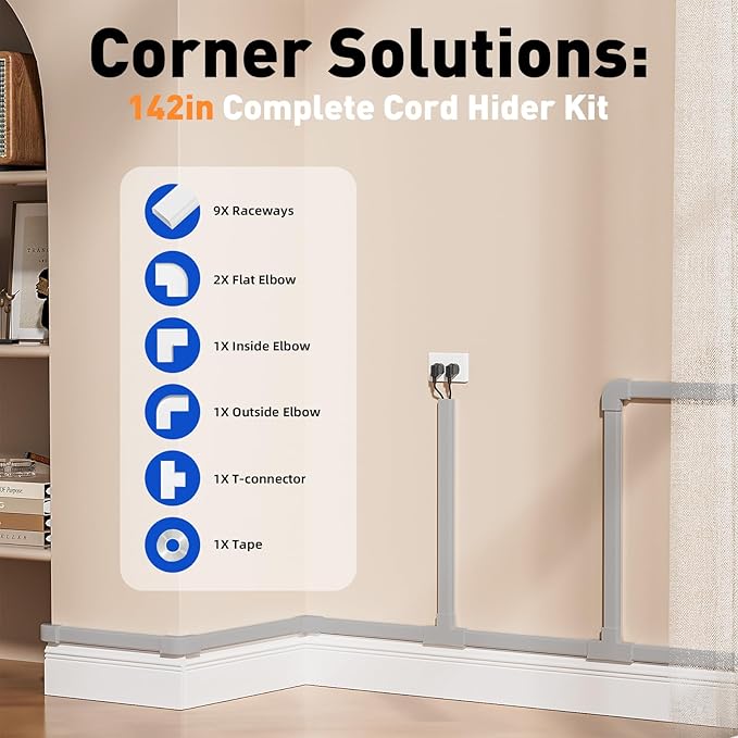 Delamu Cord Hider, 142in Cable Hider, Cord Covers for 2-3 Wires on Wall, Wire Covers for Cords, Wire Hiders for TV on Wall, Easier Setup Cable Cover Cable Management, W0.94 H0.47in, Grey