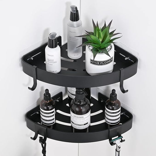 Adhesive Corner Shower Caddy with Hooks, Bathroom Shower Organizer, Black