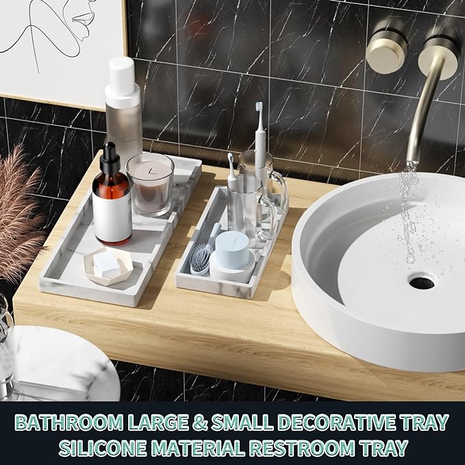 BBK Bathroom Vanity Tray - 2 Pack (7.8" and 11.8") Silicone Bathroom Trays for Counter, Perfume Key Trinket Ring Tray, Decor Soap Dispenser Countertop Tray for Kitchen Sink Organization (Marble Gray)