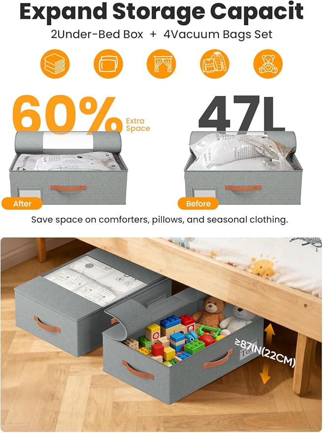 2-Pack Under Bed Storage Bins with Wheels, 4 Vacuum Bags, Gray
