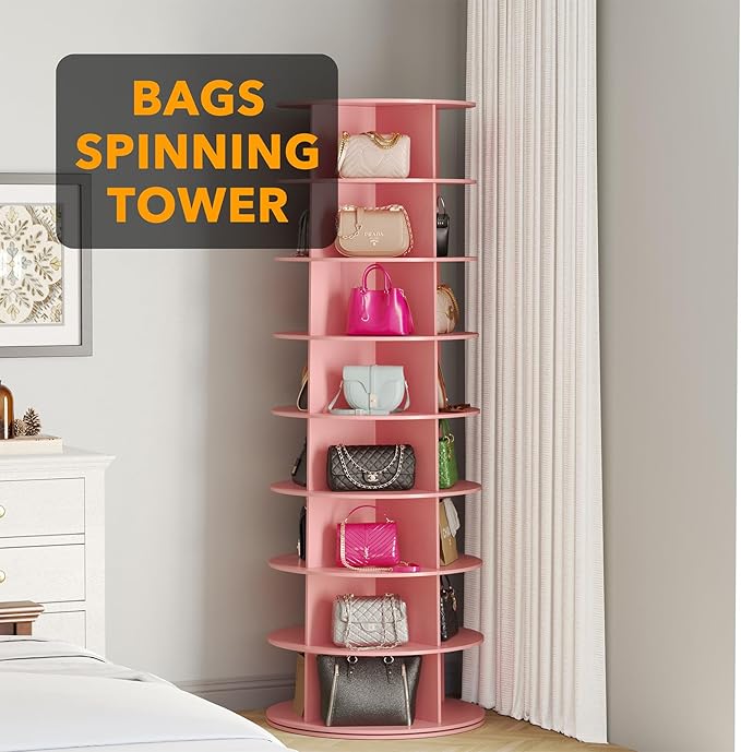 8 Tier Rotating Shoe Rack Tower, Spinning Shoe Display Lazy Susan, 8-Tier Pink