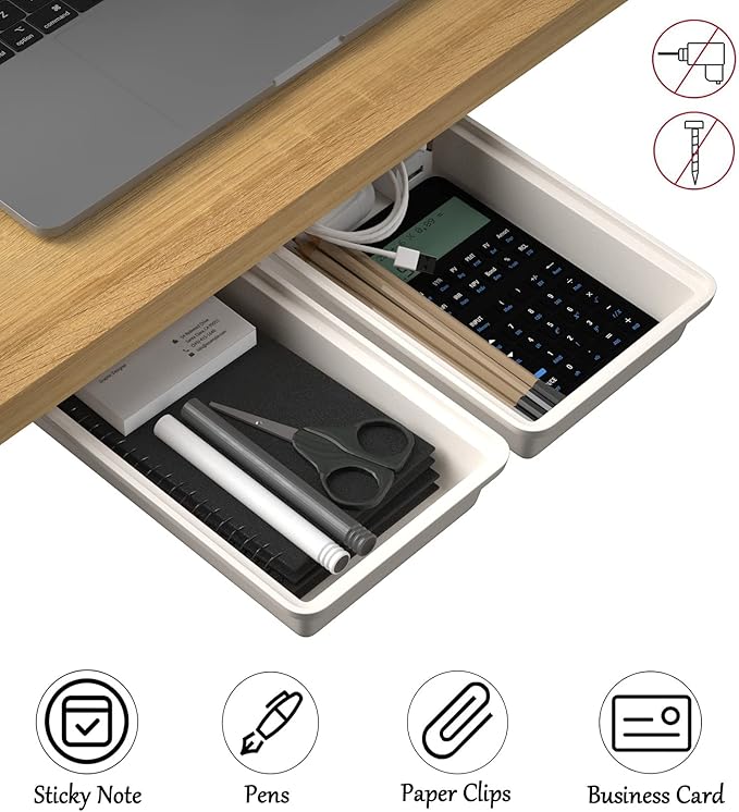 SVNNELP 2Pack Under Table Desk Drawer Storage Organizer Slide Out, Hidden Self-Adhesive Under Desktop Pencil Tray Drawer for Office,Classroom,Kitchen(S/white）