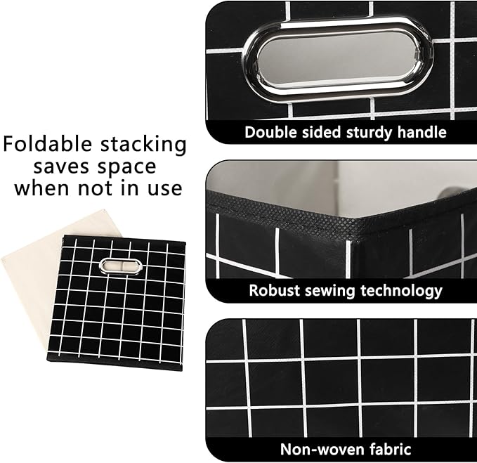 Yunkeeeper storage bins Cubes, Fabric Cube Organizer with Handle, Foldable Cube Bins for Cloth or Accessary Storage, 11x11x11, Set of 6, (Black grid)