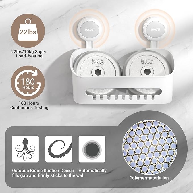 LUXEAR 4 Pack Shower Caddy Set - Suction Cup Shower Shelf+Soap Dish+Hooks - 1 Sec Installation NO-Drill Removable Powerful Waterproof Organizer for Bathroom/Kitchen/RV 22LBS Capacity Removable