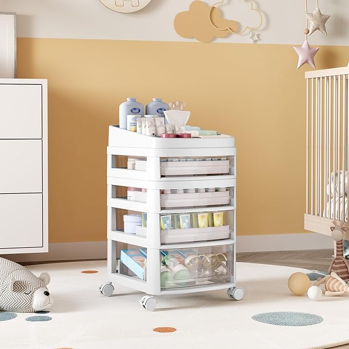 Rolling Cart with 4 Drawers, Clear Plastic Drawer Organizers
