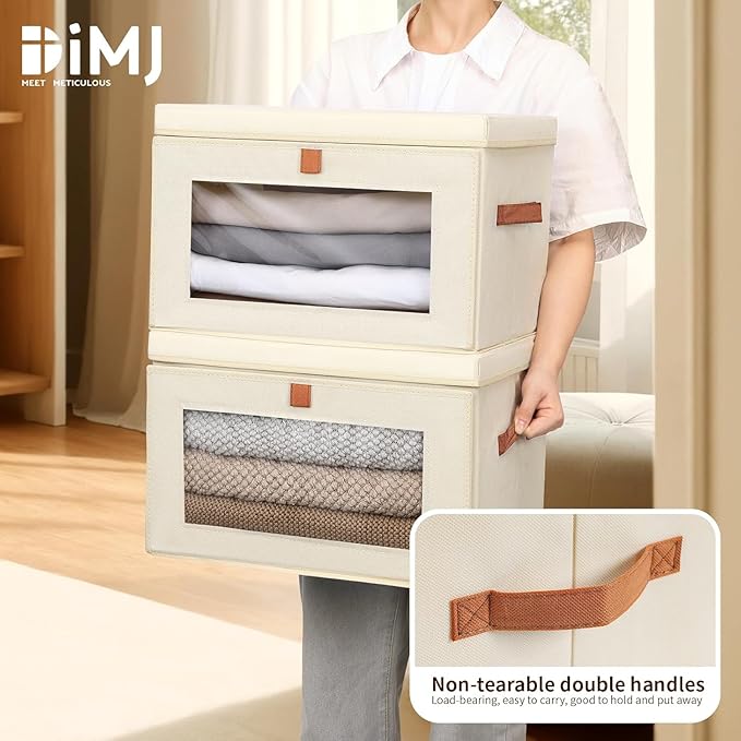 DIMJ Storage Bins with Lids - 5 Pack Fabric Closet Organizer with Window & Handles, Collapsible Decorative Storage Boxes for Shelves Under Bed, Books Clothes Blankets Sweaters Organization