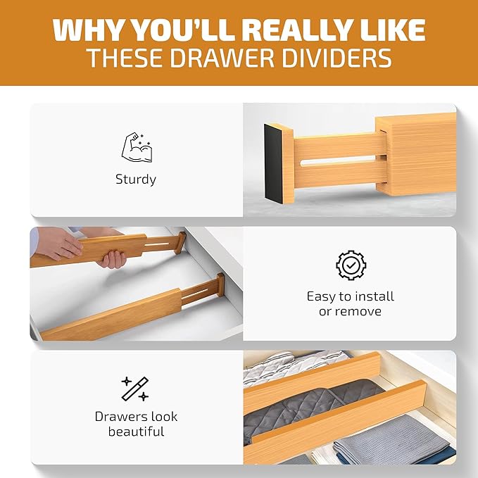 4-Pack Bamboo Drawer Dividers - 2.6 in High, Adjustable 16 to 22 in Expandable Drawer Organizers and Dresser Separators for Clothes, Bedroom, Bathroom, Kitchen, and Office Organization and Storage