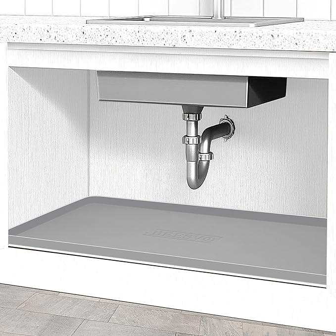 BEESVO Under Sink Mat for Kitchen Waterproof, 28" x 19" Silicone Under Sink Liner Kitchen & Bathroom Cabinet Protector Mats, Heavy Duty Flexible Under Sink Drip Tray with Lip, Cool Grey