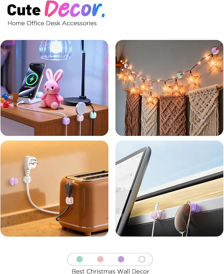 Cable Clips,12 Pack Cord Holder Cord Organizer [1s Lock & Strongest Adhesive] Spring Cord Clips Phone Charger Wire Desk Cable Management Nightstand Home Office School Decor Women Cute Desk Accessories