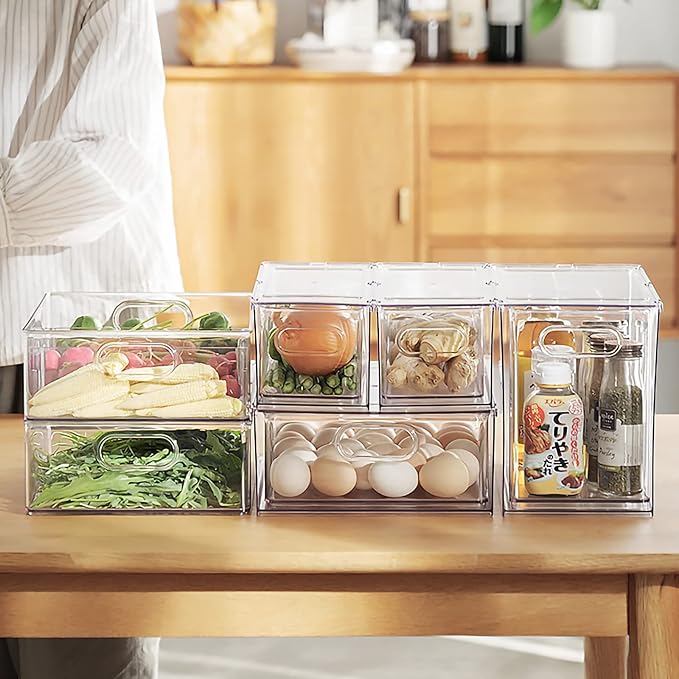 4 pack Stackable Refrigerator Organizer Bins Pull-Out Drawers for Fruit and Veggies Storage Organizer for Fridge Clear Drawer Containers with Handle Divided Organization for Produce Saver