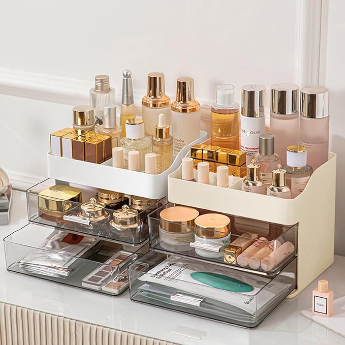 DASITON Makeup Organizer with 2 Drawers, Large Capacity Makeup Cosmetic Organizers for Vanity Dresser Bathroom Countertop, Vanity Organizer Makeup Storage Box for Skincare, Eyeshadow, Lotions (Cream)