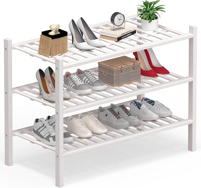 Haddockway Large 3 Tier Bamboo Shoe Rack Storage Organizer, Multifunctional Free Standing Stackable Shoe Shelf with Grid Panel for Closet,Hallway,Entryway,Small Space 27"x12"x21"