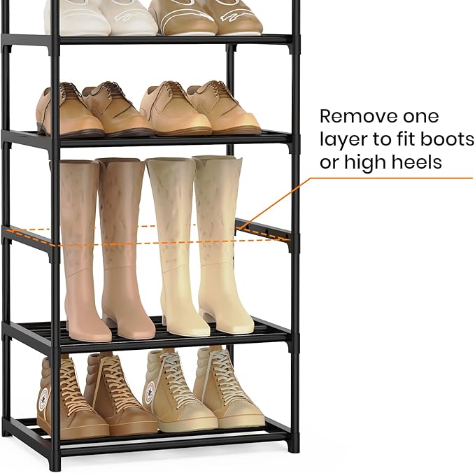 Narrow Shoe Rack 10 Tiers Tall Shoe Rack for Entryway Closet 20 24 Pairs Shoe & Boots Organizer Storage Shelf Durable Black Metal Stackable Shoe Cabinet with Hooks, 17.1D x 11.8W x 78.7H in