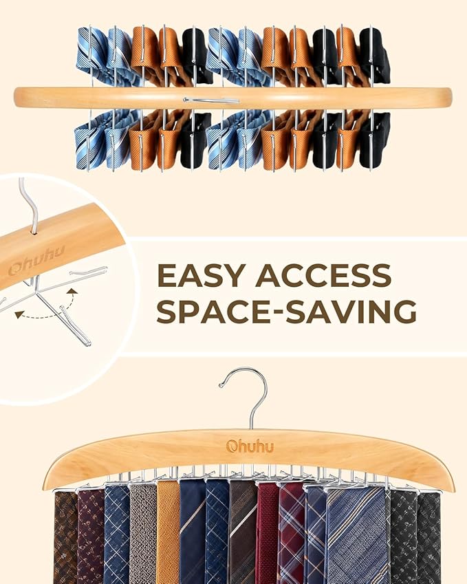 24-Hook Wooden Tie Rack Organizer for Closet