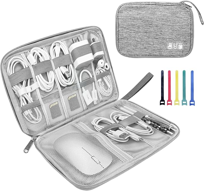 Lcsmaokin Electronics Organizer Travel Case,Electronic Accessories Storage Bag,Portable Waterproof Cable Organizer Bag,with 5 Cable Ties，for Travel,Work-Grey