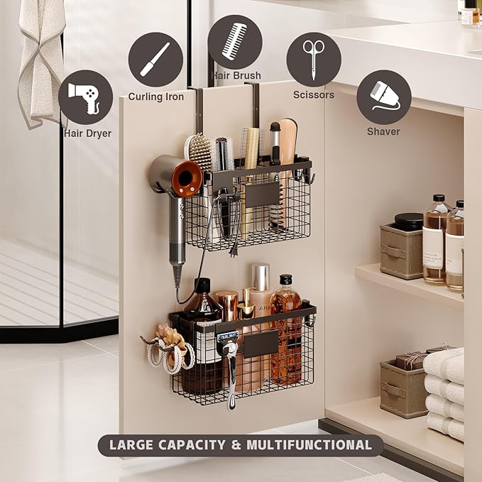 Magheo 2 Pack Hair Tool Organizer,Adhesive Hair Dryer Holder Cabinet Door/Wall Mounted Adjustable Height Blow Dryer Holder Under Sink Bathroom Hair Appliance Organizer and Storage Countertop(Black)