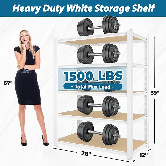PrimeZone 28" W x 12" D x 59" H Closet Storage Shelves - 5 Tier White Metal Connector Shelving, Adjustable Heavy Duty Garage Shelves, Utility Rack Organizer Shelf for Kitchen Pantry Closet, 3 PCS
