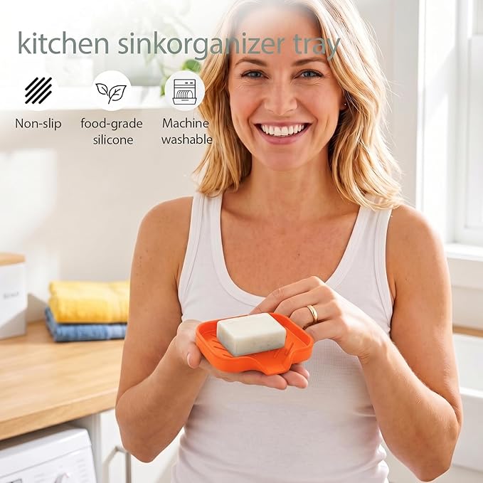 MicoYang Silicone Soap Dish with Drain Spout — Self-Draining Sink Organizer Tray for Bathroom & Kitchen, Holds Bar Soap, Sponges & Dispensers, Non-Slip & Dishwasher Safe, Orange (Small, 4.9"×3.2")
