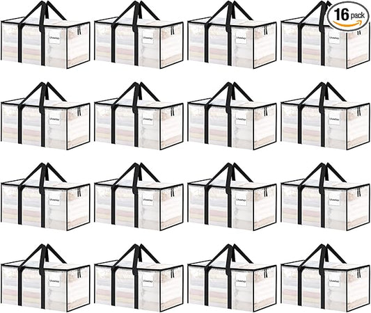 16 Pack Extra Large Heavy Duty Moving Bags, Clear Storage Bins with Lids