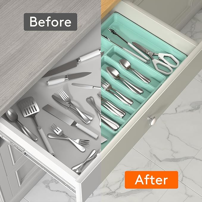 Silverware Drawer Organizer, Expandable Utensil Tray for Kitchen, Turquoise