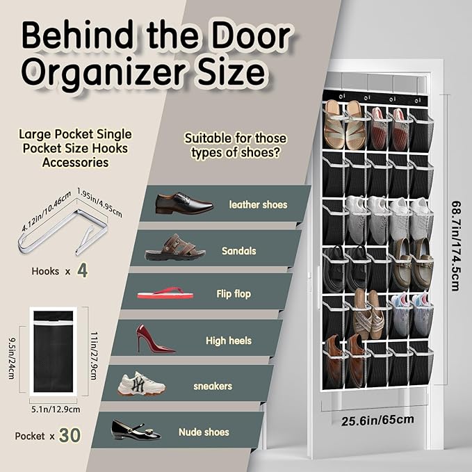 Kotkn Over the Door Shoe Organizer with 30 Breathable Mesh Pockets - Large Capacity Closet Storage for Men & Women, Hanging Shoe Rack Organizer (Solid black)