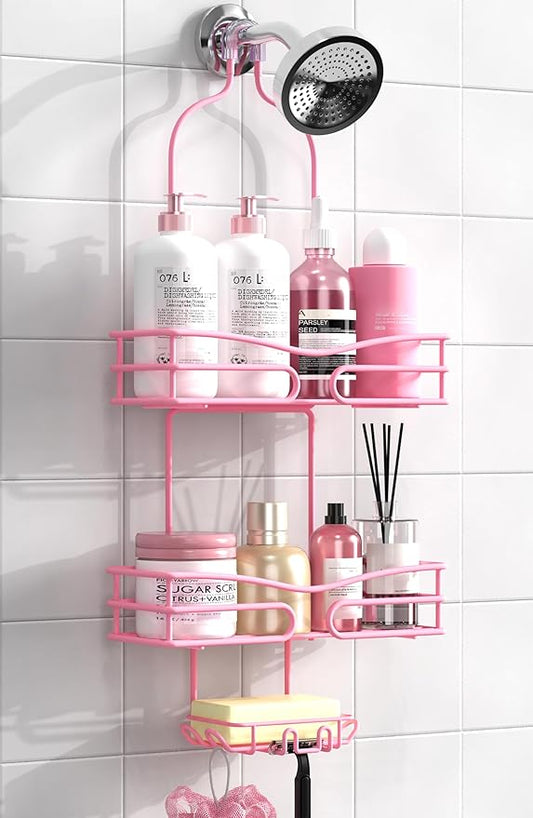 Pink 3-Tier Over Head Shower Caddy with Soap Holder & 6 Hooks