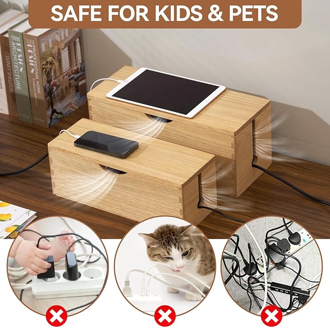 KIRIGEN Wooden Cable Management Box Set of 2 - Solid Wood Large & Small Cord Organizer Hides Power Strips, Chargers & Wires for Desk, TV Stand, Home Office DXH2T-NA
