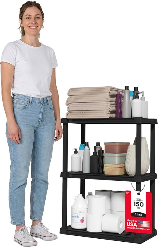 USA 3-Shelf Light Duty Plastic Storage Shelves, 150lb Capacity, Black