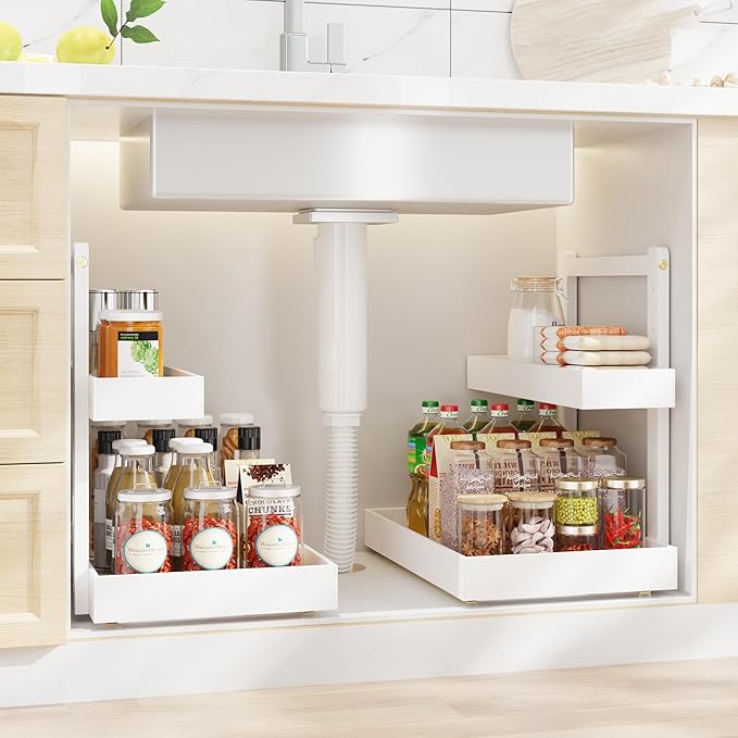 Bamboo Under Sink Storage 2 Tier Pull Out Cabinet Organizer Slide Out Under Sink Storage Shelf Undersink Organizers Shelves for Kitchen Bathroom Organization (White, 2 Packs)