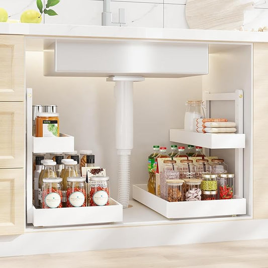 Bamboo Under Sink Storage 2 Tier Pull Out Cabinet Organizer Slide Out Under Sink Storage Shelf Undersink Organizers Shelves for Kitchen Bathroom Organization (White, 2 Packs)
