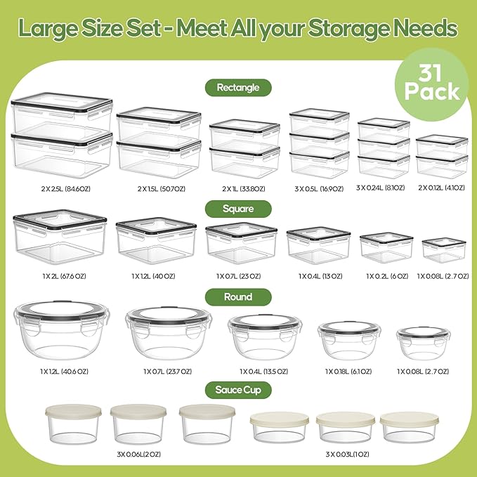 JSCARES 62 PCS Large Food Storage Containers with Lids Airtight (31 Lids & 31 Containers)- Reusable Plastic Leakproof Meal-Prep Container for Kitchen Storage Organization Microwave/Dishwasher Safe