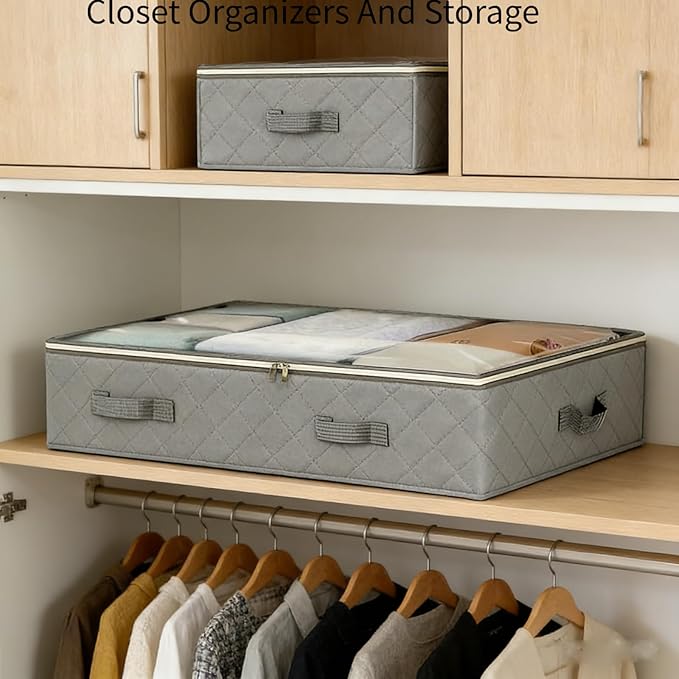 4 Pack 90L Under Bed Storage, Closet Organizers and Storage Containers with Clear Window Foldable Underbed Storage Bags for Clothes,Shoes, Blankets Pillows, Linen Sheets, Grey