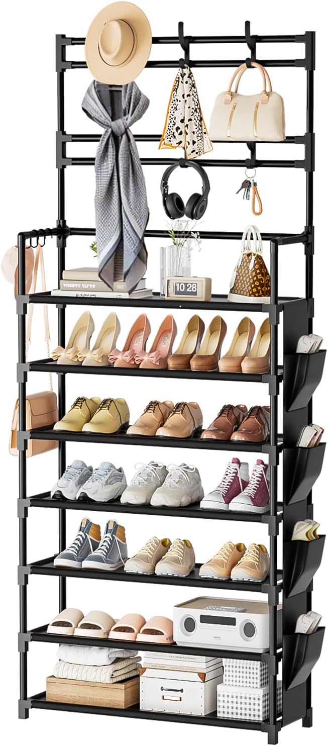 OYREL Shoe Rack 7 Tier Shoe Organizer Storage 21-28 Pairs Closet Shoes Rack for Front Door Entrance Shoe Rack Organizer with Hooks Side Pocket Entryway Large Capacity Shoe Shelf Tower Garage