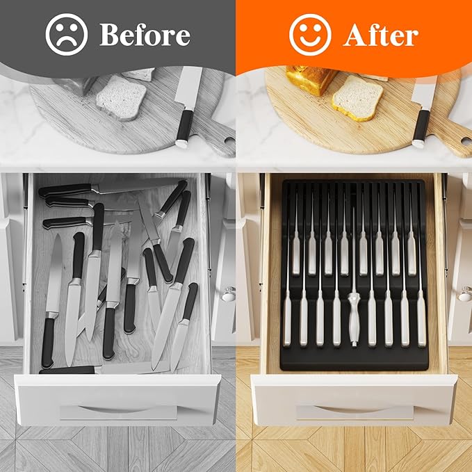 Lifewit Magnetic Drawer Knife Organizers Insert, Kitchen Plastic In Drawer Knife Block Slots, Steak Chefs Knives Holder Storage for 16 Knives and 1 Sharpening Steel, Extra Large, Black, 16.5"/42 cm(W)