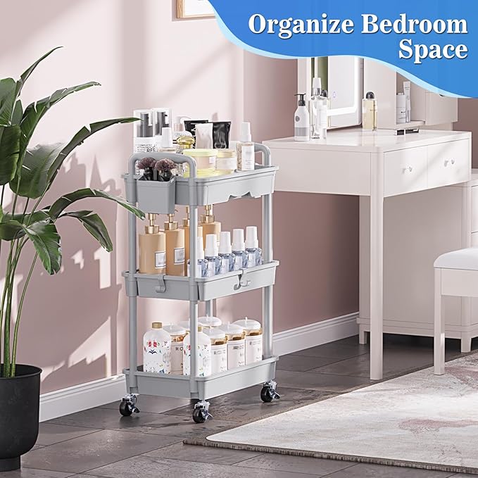 3 Tier Rolling Cart with Drawer, Gray