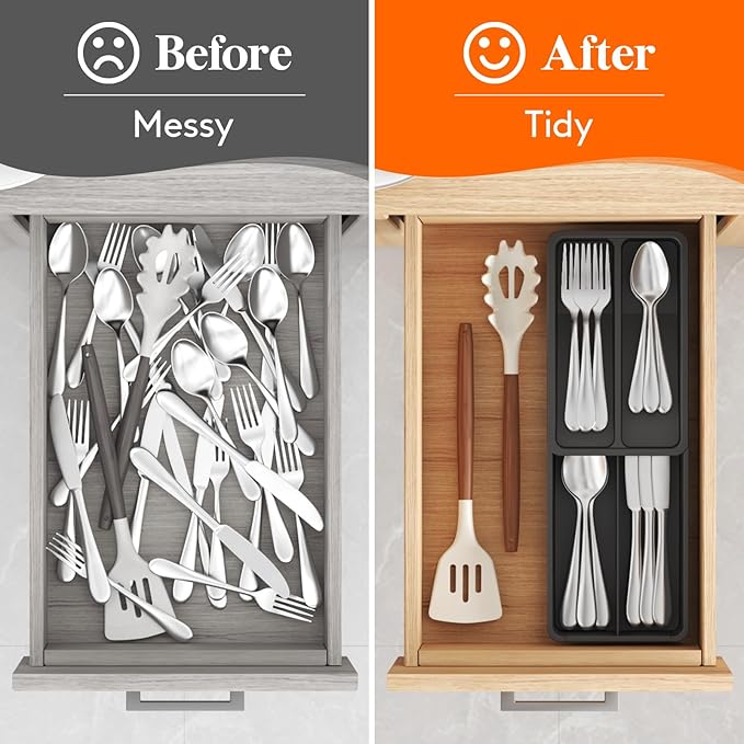 Lifewit Compact Silverware Organizer for Kitchen Drawer, Narrow Flatware Tray Holder, Plastic Cutlery Spoons, Forks and Knives Storage, Black, 1 Pack