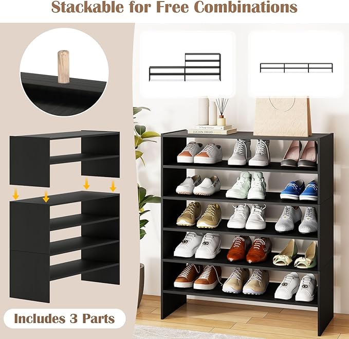 Tangkula 6-Tier Stackble Vertical Shoe Rack, Space Saving Wooden Corner Shoe Storage Shelf for 18 Pairs, 3-in-1 Adjustable White Shoe Organizer for Front Door Entryway