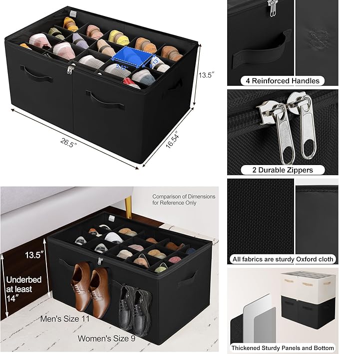 TOPIA HOME Shoe Organizer for Closet, Foldable Shoe Box with Adjustable Dividers and Clear Cover, Space Saving Shoe Storage Organizer Cabinet with Reinforced Handles, Fits 20 Pairs, Black, TP10B